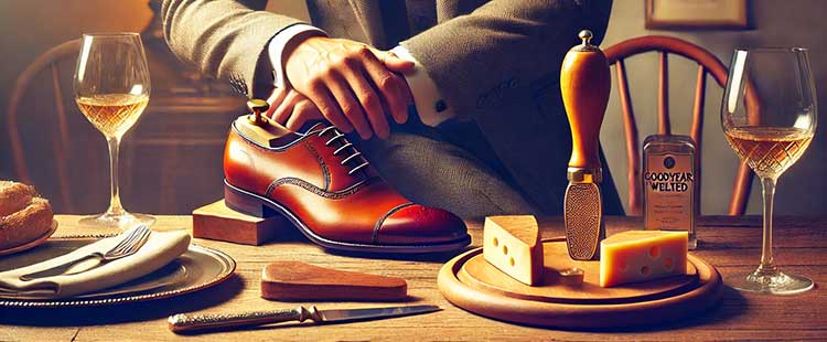 A polished leather dress shoe is showcased on a wooden table alongside wine glasses, cheese on a wooden board, a cheese slicer, and a tin of shoe polish. A person in a suit adjusts their watch.