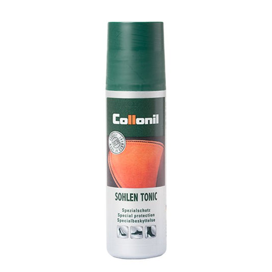 A bottle of Collonil waterproofing tonic for leather soles features a green cap and a label with a shoe sole. It highlights Spezialschutz, Special protection, and Specialbeskytelse as its essential water-resistant qualities.