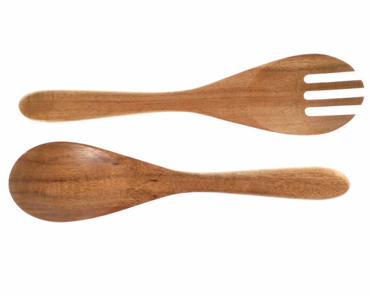 The Cathcart Elliot *Second* Personalised Acacia Wood Salad Set features a 25cm spoon and fork, both with smooth, rounded handles. The fork has three wide prongs. The natural grain and light brown color offer rustic charm to these elegant serving utensils.