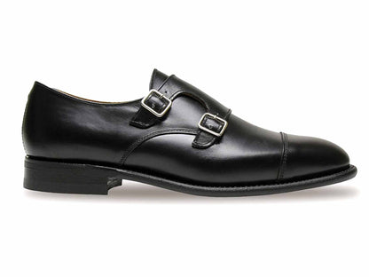 The ALEX Black Calf Double Monk Strap Shoes by Sanders feature dual buckles, leather lining, a rounded toe, and low heel. Crafted with a polished design and Goodyear welted for durability.