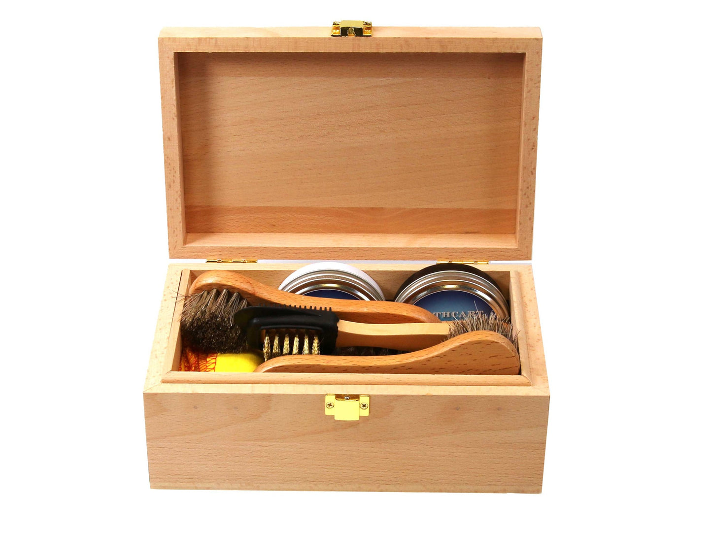 Personalised premium valet shoe cleaning kit in beech wood box Beeswax Polish