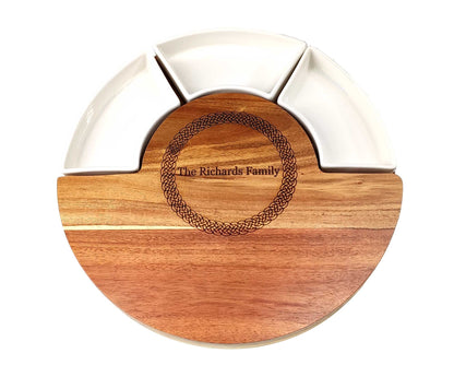 Personalised 30cm Round Acacia Cheese Board and Meat Platter with Dishes