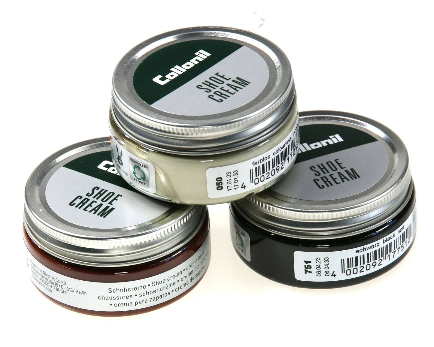 Three 60ml tins of Collonil Non-toxic Non-flammable Unscented Shoe Cream are displayed, each with a silver lid. The labels emphasize leather care with nourishing waxes. The colors appear brown, gray, and black, with product labels and barcodes on the side of each tin.