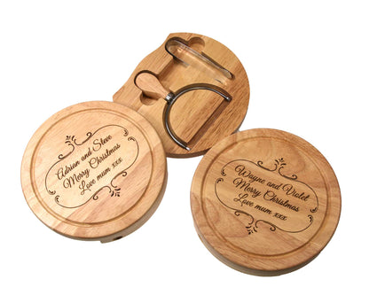 Personalisable 19cm Round Cheeseboard Gift Set with wire cutter and tongs