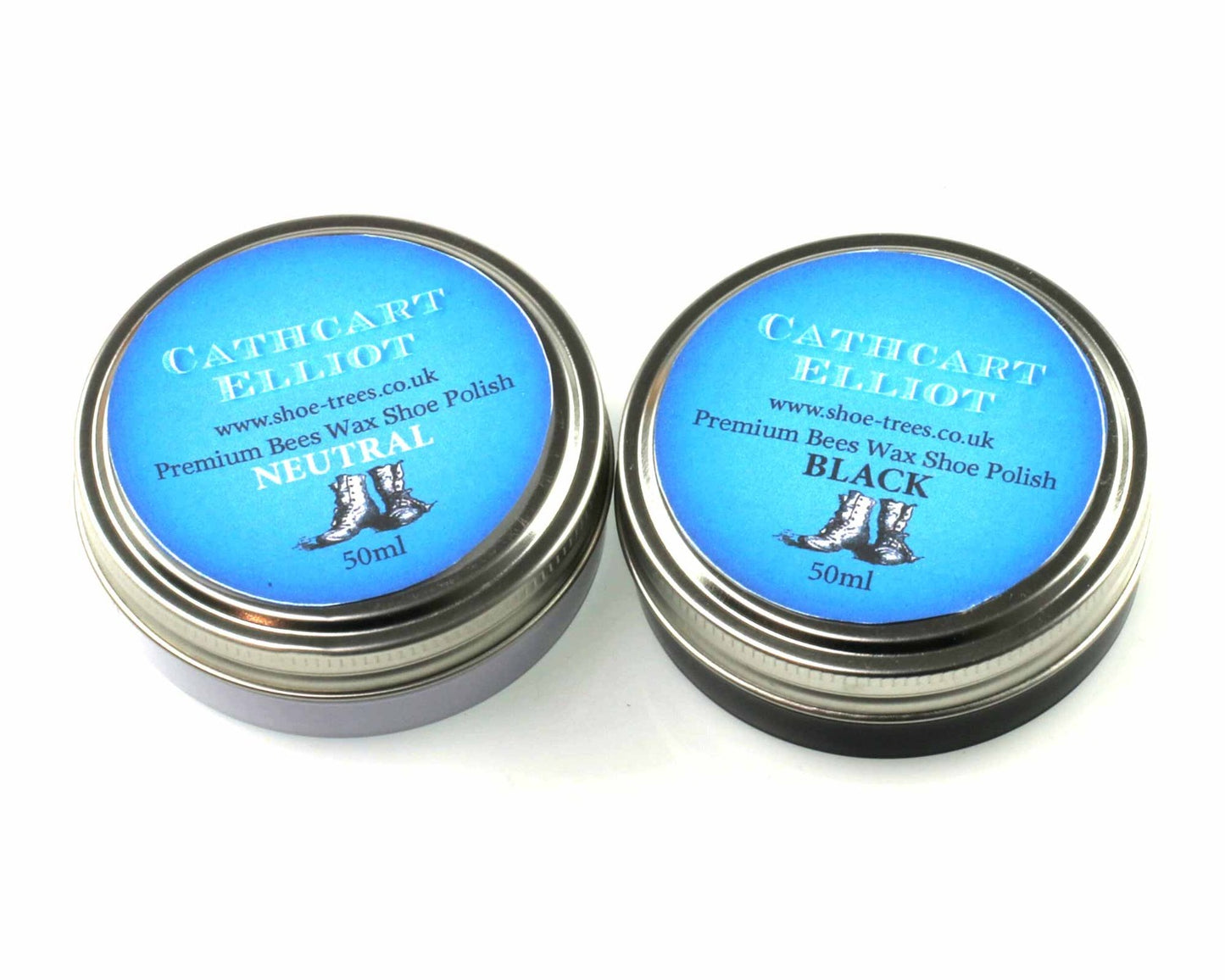 Two 50ml screw-top tins of Cathcart Elliot Premium Beeswax Shoe Polish are shown. The left is labeled Neutral and the right Black. Each tin has a chic blue label with boot graphics, ideal for high-quality shoe leathers.