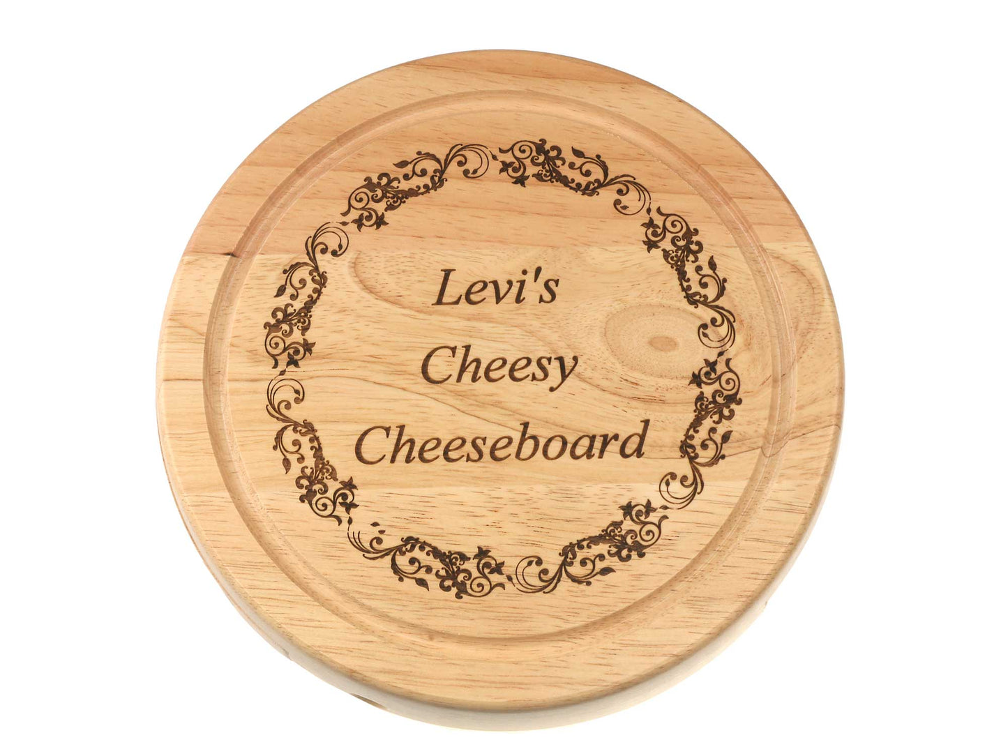 Personalisable 19cm Round Cheeseboard Gift Set with wire cutter and tongs