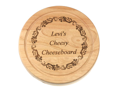 Personalisable 19cm Round Cheeseboard Gift Set with wire cutter and tongs