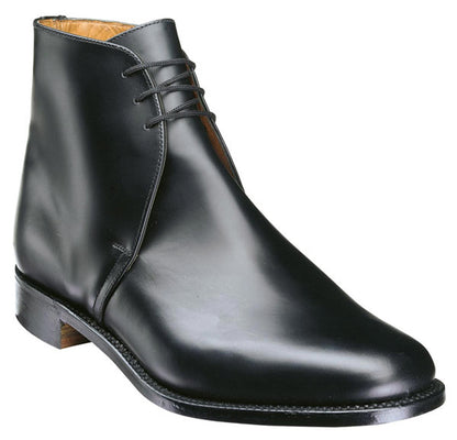 The Sanders GEORGE Boot UK is a sleek and formal black ankle boot with a polished leather upper, lace-up closure, low heel, and leather sole, reflecting a classic military style.