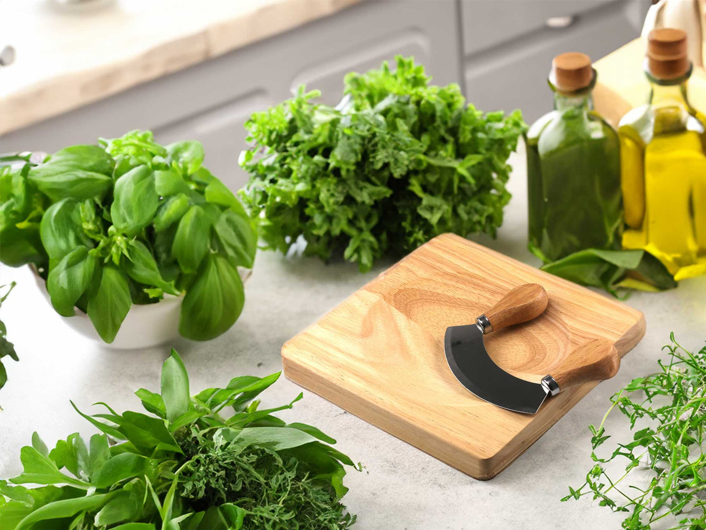 Personalised mezzaluna wooden herb chopper board