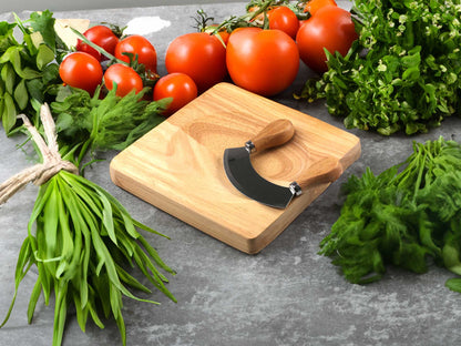 Personalised mezzaluna wooden herb chopper board