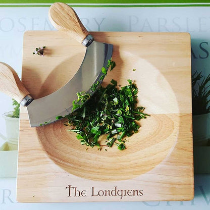 Personalised mezzaluna wooden herb chopper board