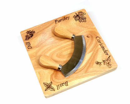 Personalised mezzaluna wooden herb chopper board