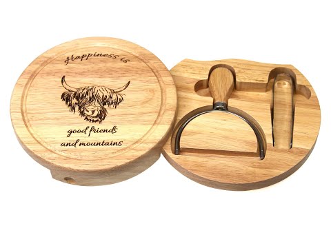 Personalisable 19cm Round Cheeseboard Gift Set with wire cutter and tongs