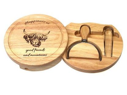 Personalisable 19cm Round Cheeseboard Gift Set with wire cutter and tongs