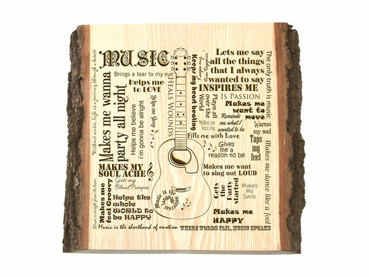 The Cathcart Elliot Live Edge Wood Personalised Gift is a wooden plaque featuring an engraved acoustic guitar, musical quotes such as Music is life, and a rustic bark edge finish, making it a unique gift perfect for expressing your thoughts.