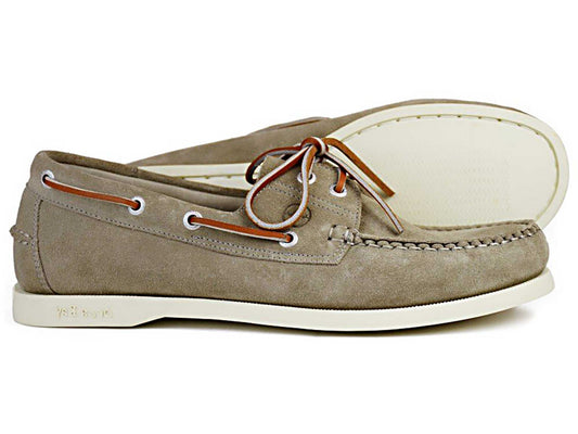 The MAINE Mens Orca Bay Deck Shoe features taupe nubuck with premium leather accents, white non-slip soles, laces, decorative stitching, and the Orca Bay brand embossed on the side.