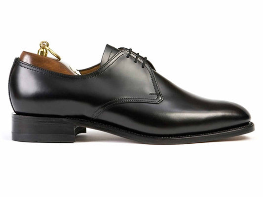 The MOFFAT Mens Extra Wide H Fit Black Derby Shoe by Sanders showcases a classic, elegant style with its polished black finish and low heel. Featuring a lace-up design, Goodyear welted leather sole, and a wooden shoe tree inside, this side-displayed footwear is both well-crafted and stylish.