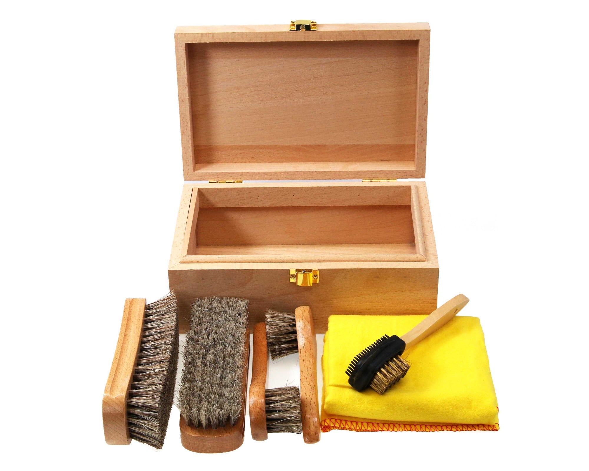 Personalised shoe valet box cleaning kit in beech wood box No Polish