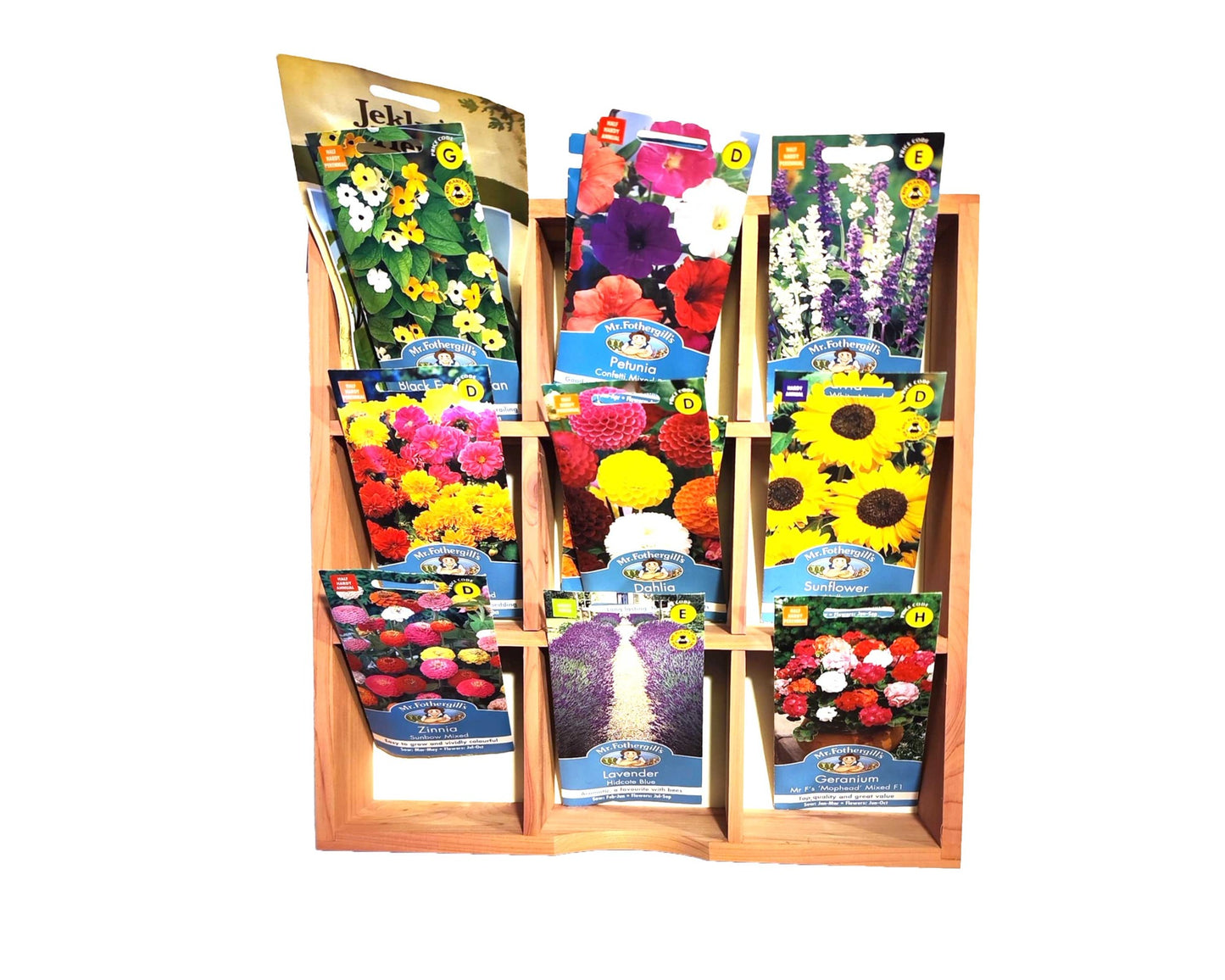 The Cathcart Elliot 31cm x 31cm Cedar Wood Organiser tray  neatly showcases seed packets of sunflowers, pansies, and marigolds with vibrant images, allowing easy selection for your garden.