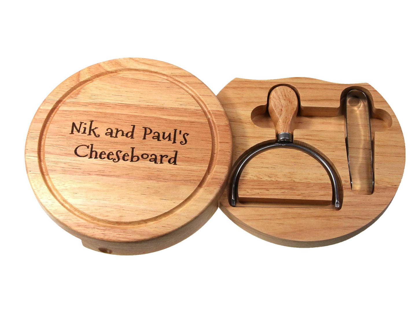 Personalisable 19cm Round Cheeseboard Gift Set with wire cutter and tongs