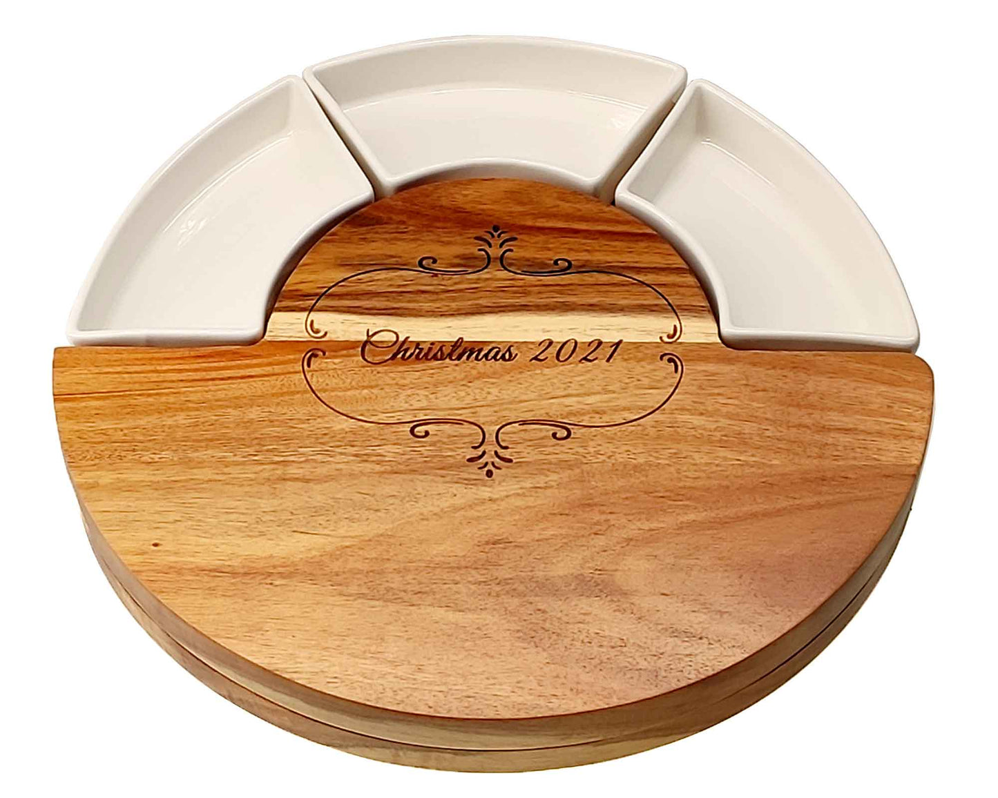 Personalised 30cm Round Acacia Cheese Board and Meat Platter with Dishes