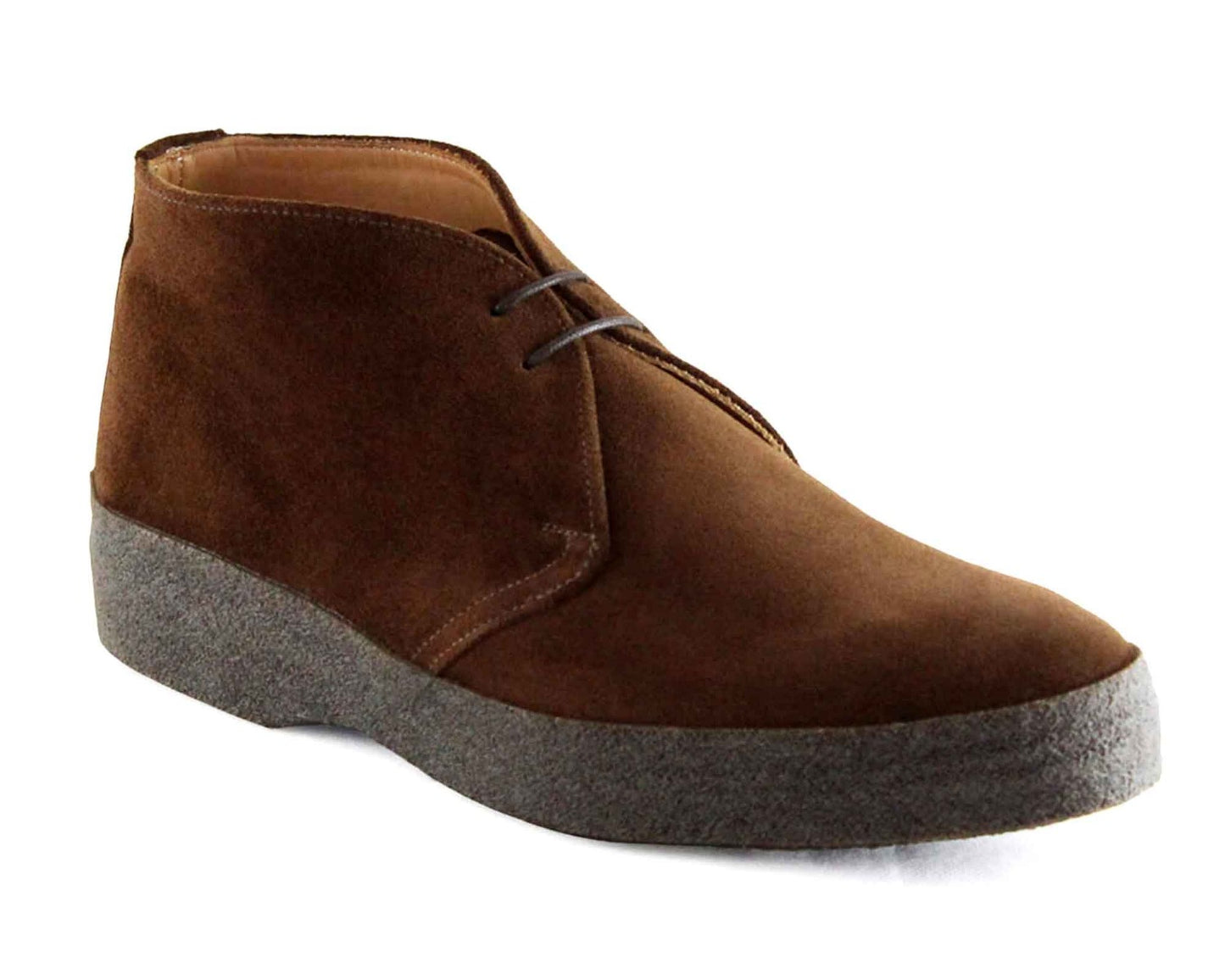 The HI TOP Mens Polo by Sanders is a brown suede chukka boot with a gray crepe sole, two eyelets, and brown laces. Its classic, simple design features a slightly rounded toe and ankle-high cut, echoing the timeless style seen in James Bond movies.