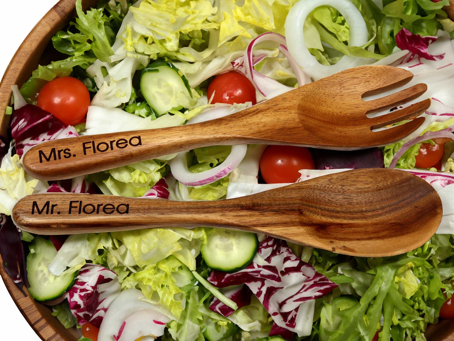 Personalised Set of 2 Acacia Wood Salad Spoon and Fork Servers 25cm