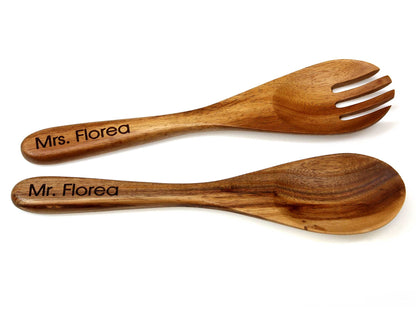 Personalised Set of 2 Acacia Wood Salad Spoon and Fork Servers 25cm