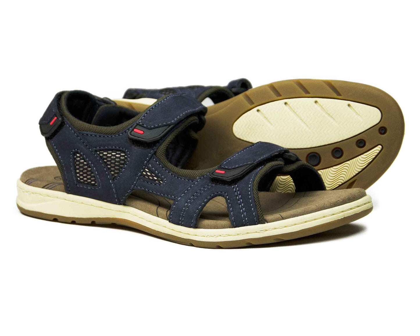 The SALE SEYCHELLES Slim Fit by Orca Bay highlights a pair of ladies indigo blue nubuck sandals with adjustable straps, breathable mesh panels, and beige soles with light brown treads for a casual and sporty appearance. One sandal stands upright; the other lies on its side.