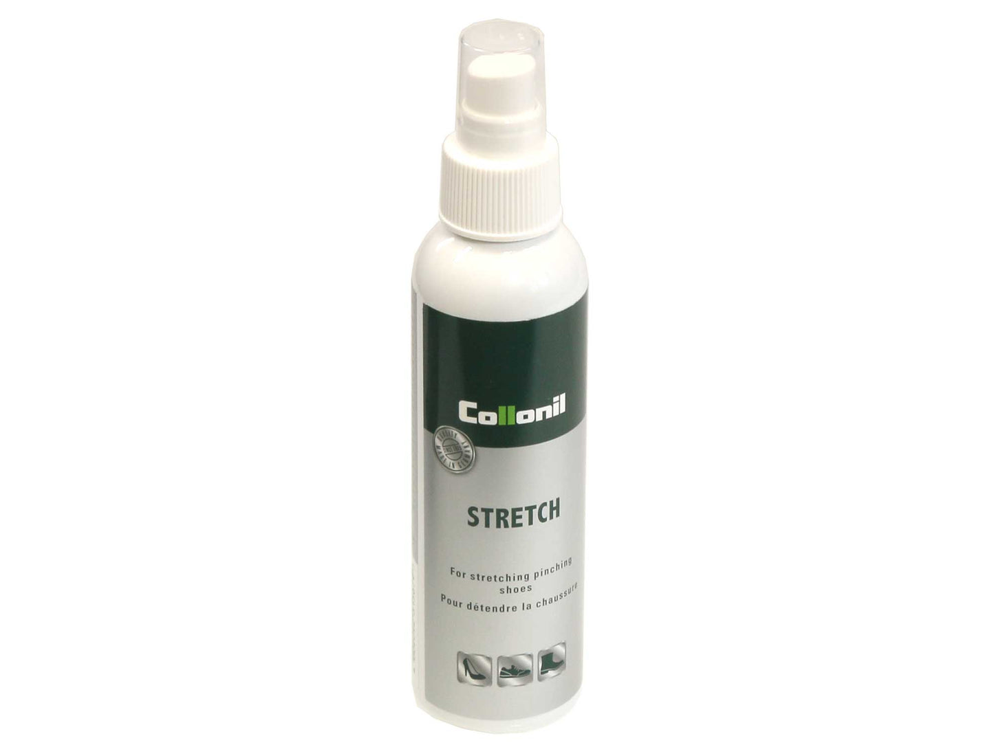 A 150 ml bottle of Collonil Shoe Stretcher Spray, featuring a white and dark green label, includes a spray nozzle and is designed to stretch pinching shoes.