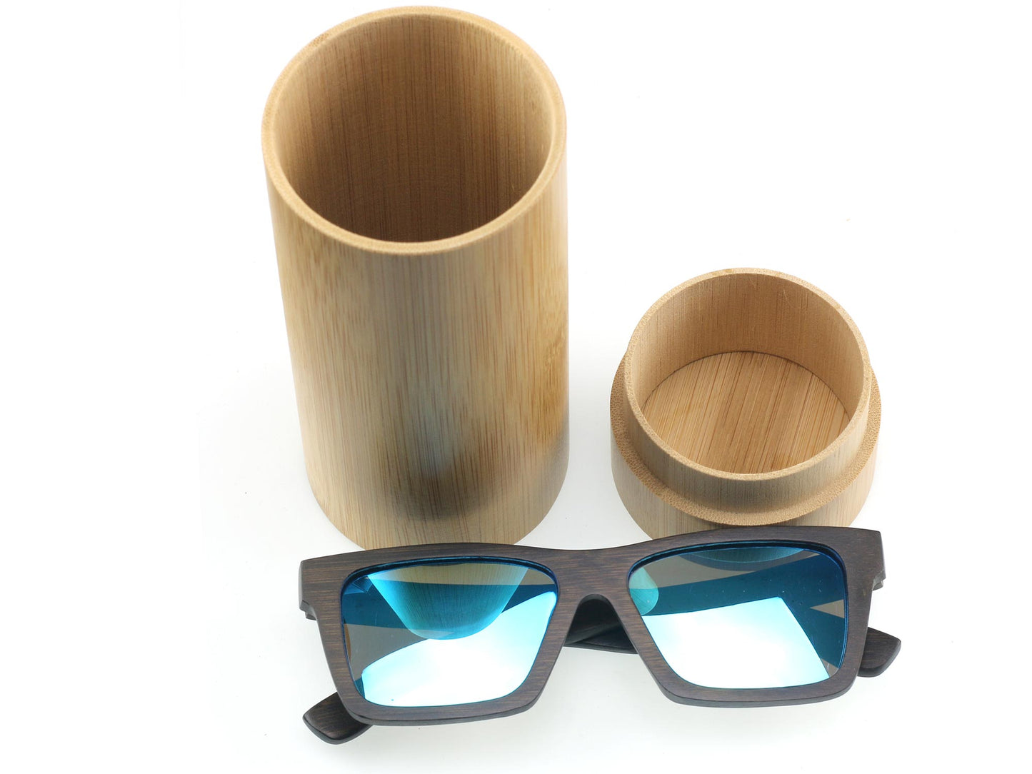 Personalised Floating Bamboo Polarised Sunglasses in Case Blue Reflective Lens