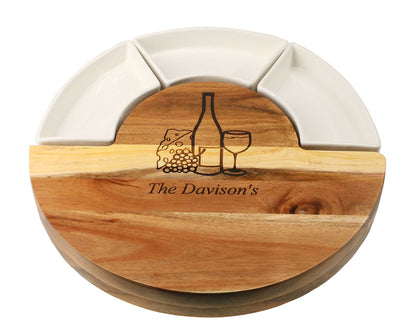 Personalised 30cm Round Acacia Cheese Board and Meat Platter with Dishes