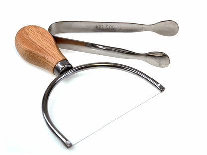 Personalisable 19cm Round Cheeseboard Gift Set with wire cutter and tongs